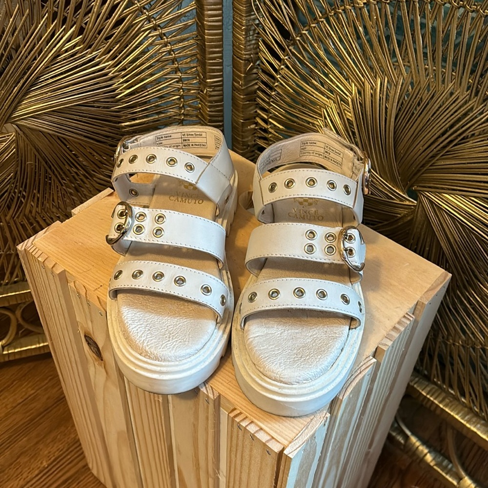 Vince Camuto White Leather Sandals with Gold Hardware